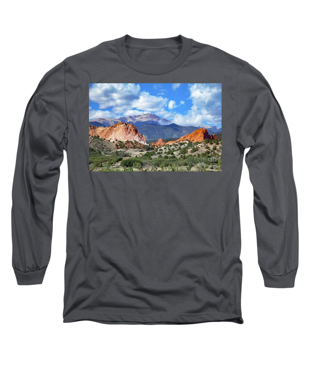 Mountain Long Sleeve T-Shirt featuring the photograph Garden of the Gods Pikes Peak Colorado Springs by Kimberly Blom-Roemer