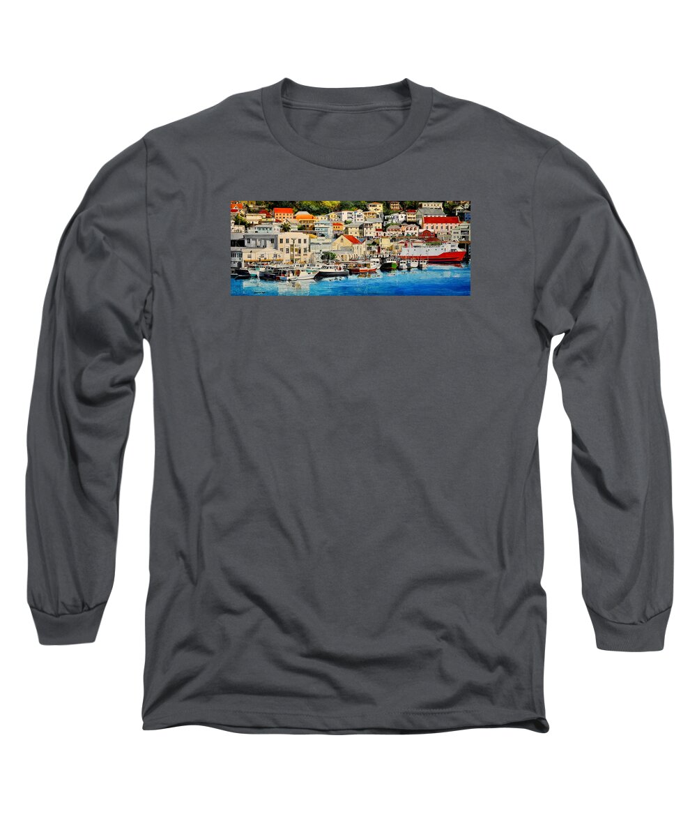 Sea Long Sleeve T-Shirt featuring the painting Georgetown Harbor, Grenada by Robert W Cook