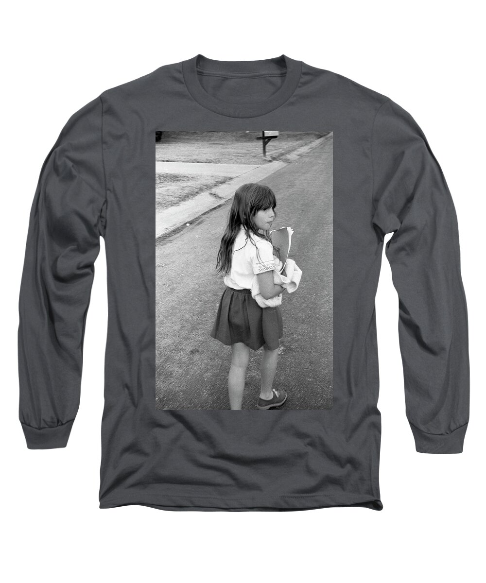 School Long Sleeve T-Shirt featuring the photograph Girl Returns Home from School, 1971 by Jeremy Butler