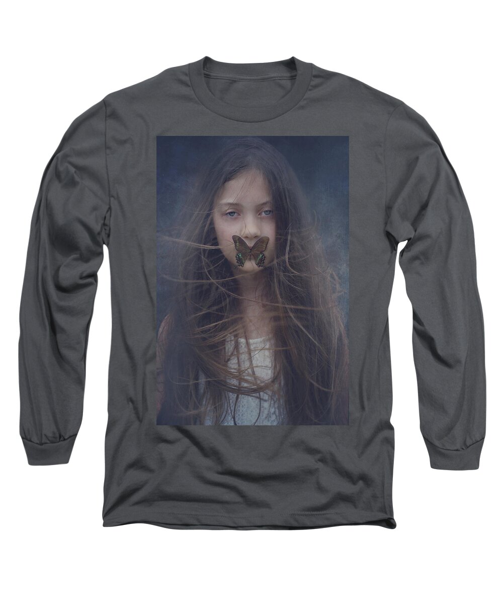 Butterfly Long Sleeve T-Shirt featuring the photograph Girl With Butterfly Over Lips by Stephanie Frey