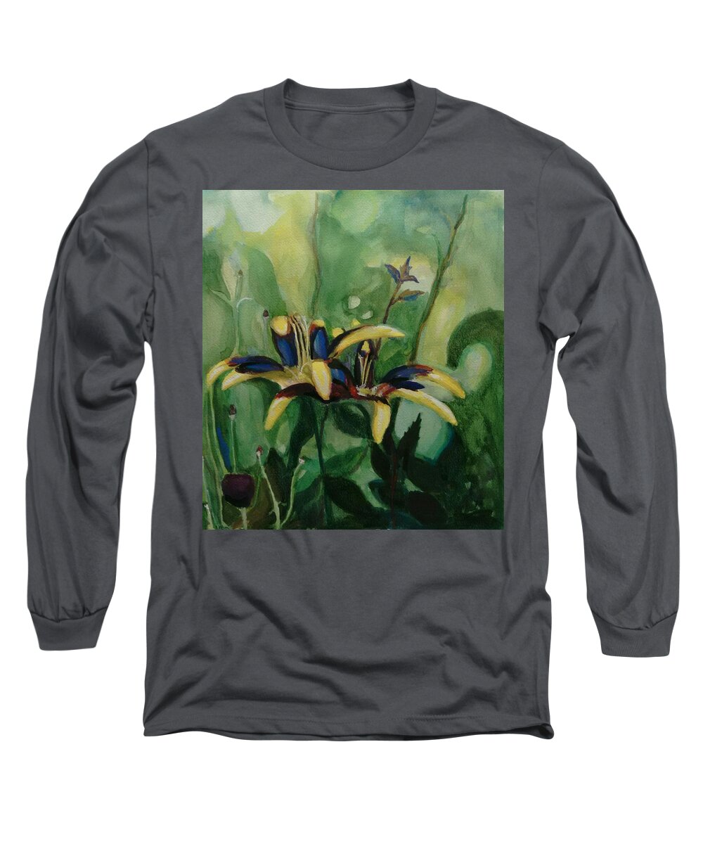 Flower Long Sleeve T-Shirt featuring the painting Glowing Flora by Nicolas Bouteneff