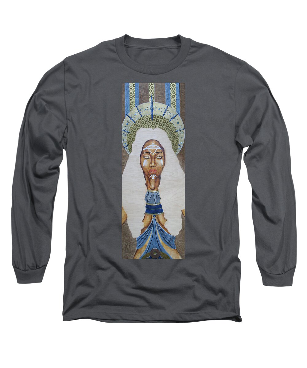 Black Long Sleeve T-Shirt featuring the mixed media Goddess on the Throne by Edmund Royster