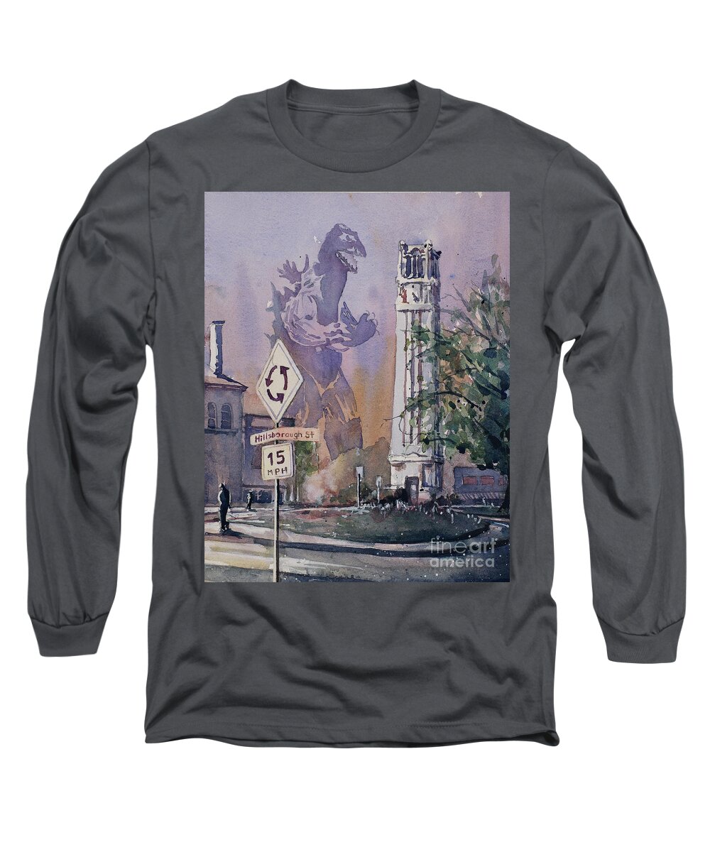 Art Prints Long Sleeve T-Shirt featuring the painting Godzilla Smash NCSU- Raleigh by Ryan Fox