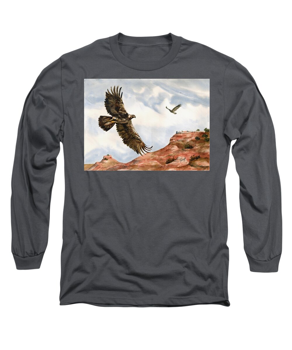 Eagle Long Sleeve T-Shirt featuring the painting Golden Eagles in Fligh by Sam Sidders