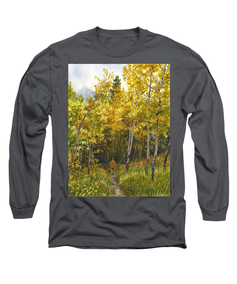 Golden Leaves Painting Long Sleeve T-Shirt featuring the painting Golden Solitude by Anne Gifford