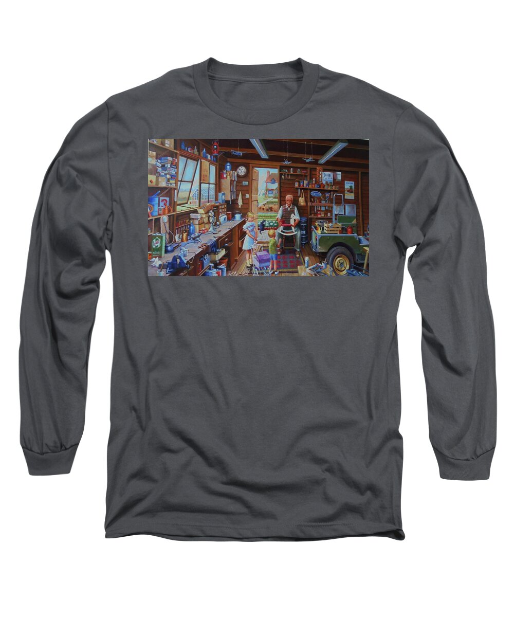 Shed Long Sleeve T-Shirt featuring the painting Grandpa's workshop. by Mike Jeffries