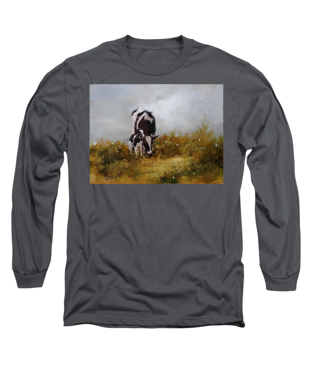 Cows Long Sleeve T-Shirt featuring the painting Grazing with Mom by Laura Lee Zanghetti