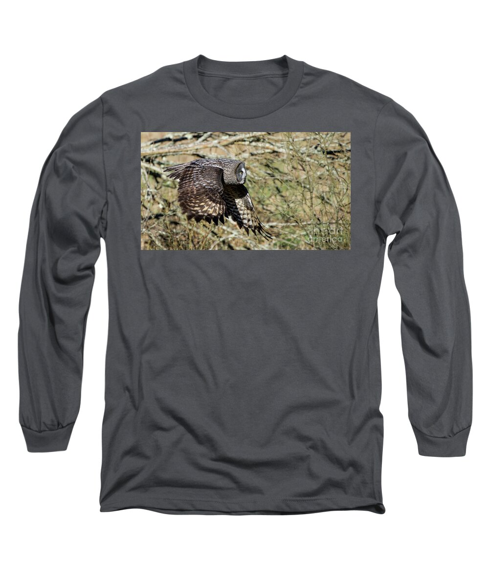 Great Grey Flying Long Sleeve T-Shirt featuring the photograph Great Grey Flying by Torbjorn Swenelius