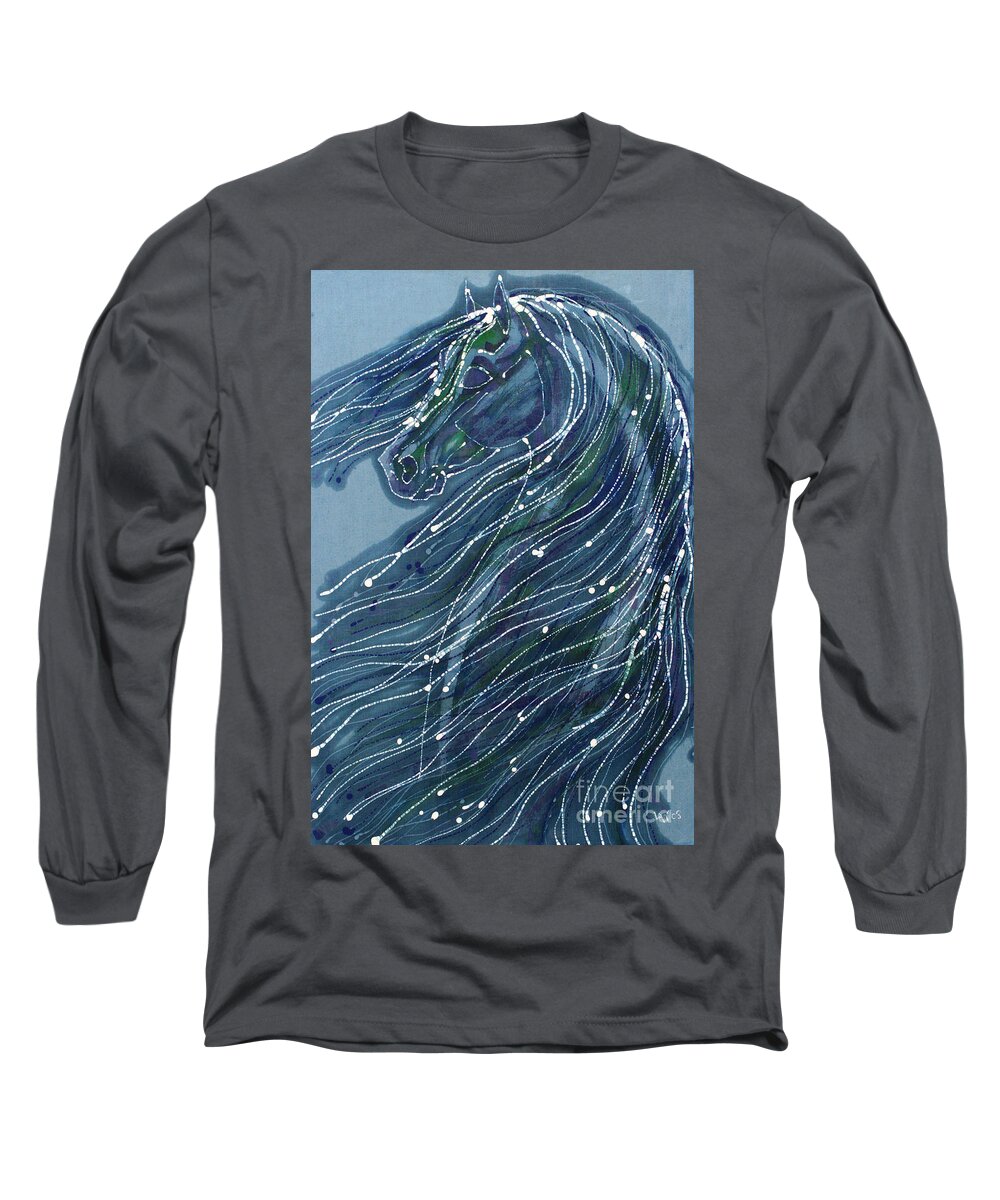Horse Long Sleeve T-Shirt featuring the tapestry - textile Green Horse with Flying Mane by Carol Law Conklin