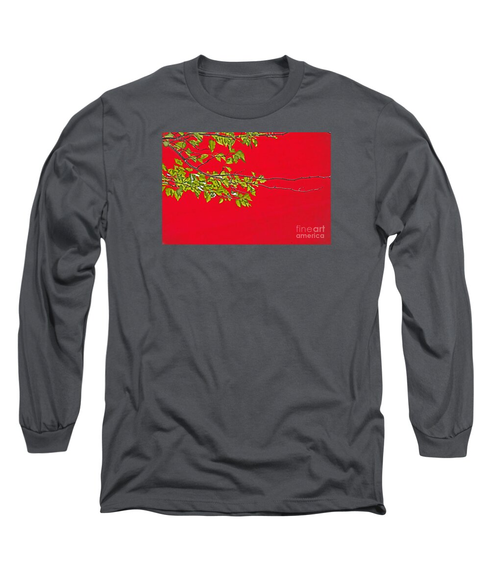 Tree Long Sleeve T-Shirt featuring the photograph Green Leaves on a Red Background by David Frederick