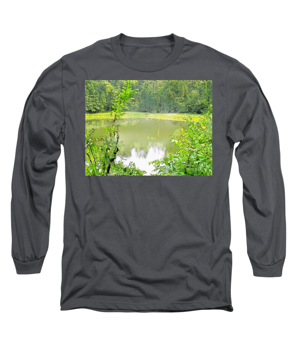Lake Green Photo Photograph Tree Trees Water Colorartified Enhanced Long Sleeve T-Shirt featuring the digital art Green on Lake by Craig Walters