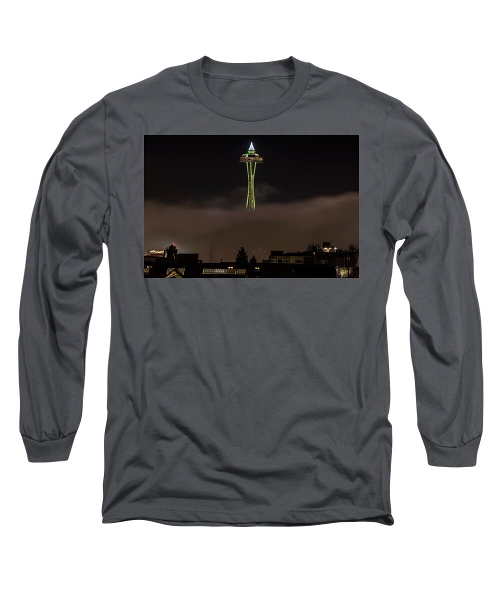 Space Needle Long Sleeve T-Shirt featuring the photograph Green Space Needle Rising Out Of The Fog by Matt McDonald