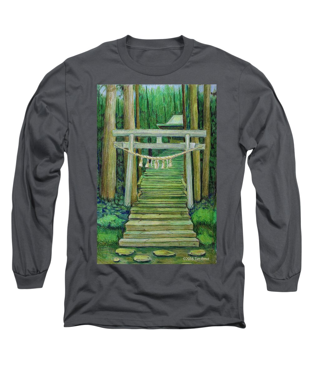 Green Japan Long Sleeve T-Shirt featuring the drawing Green Stairway by Tim Ernst