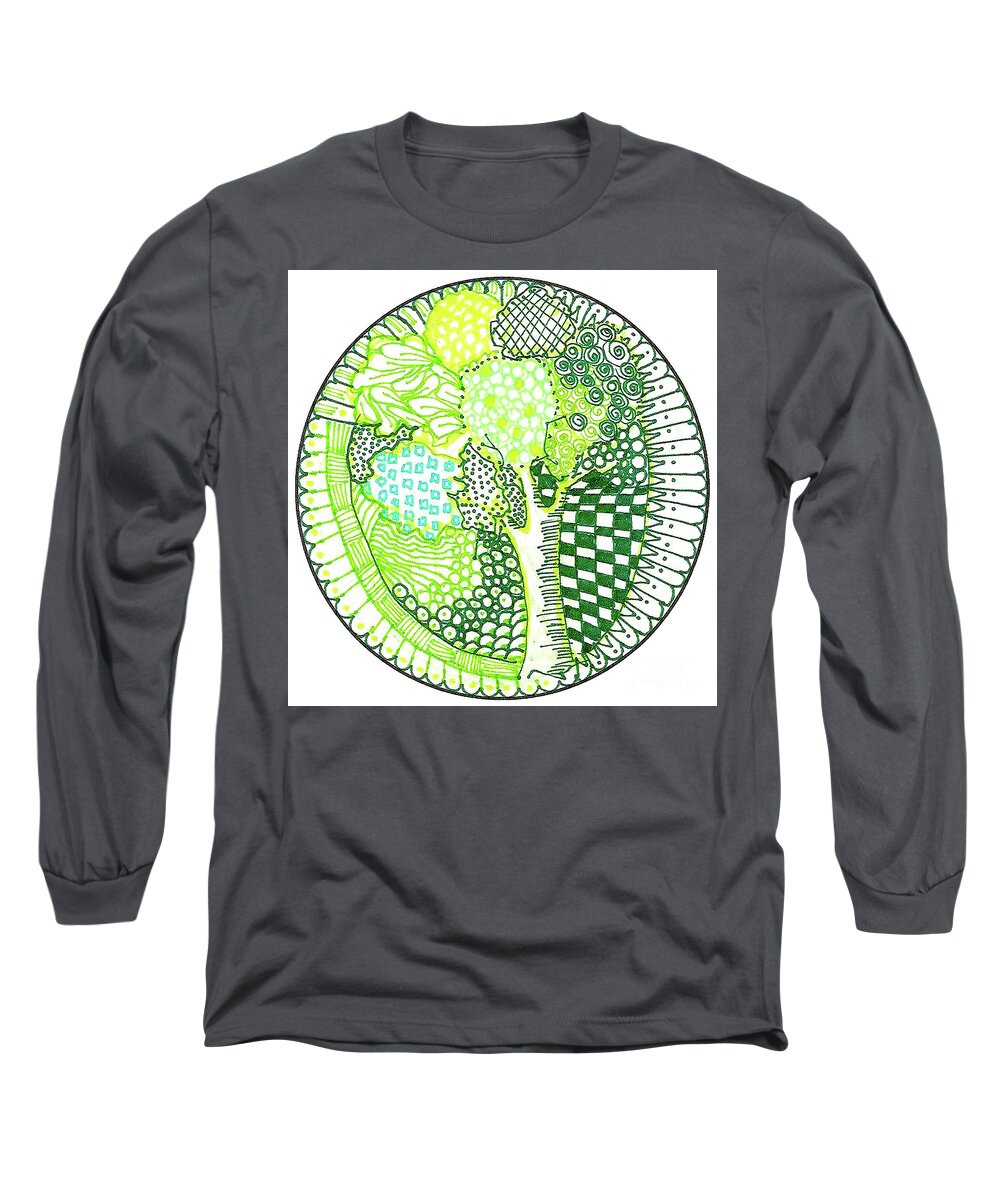 Zentangle Design Patterns Circle Green Colors Long Sleeve T-Shirt featuring the tapestry - textile Green Tree by Ruth Dailey