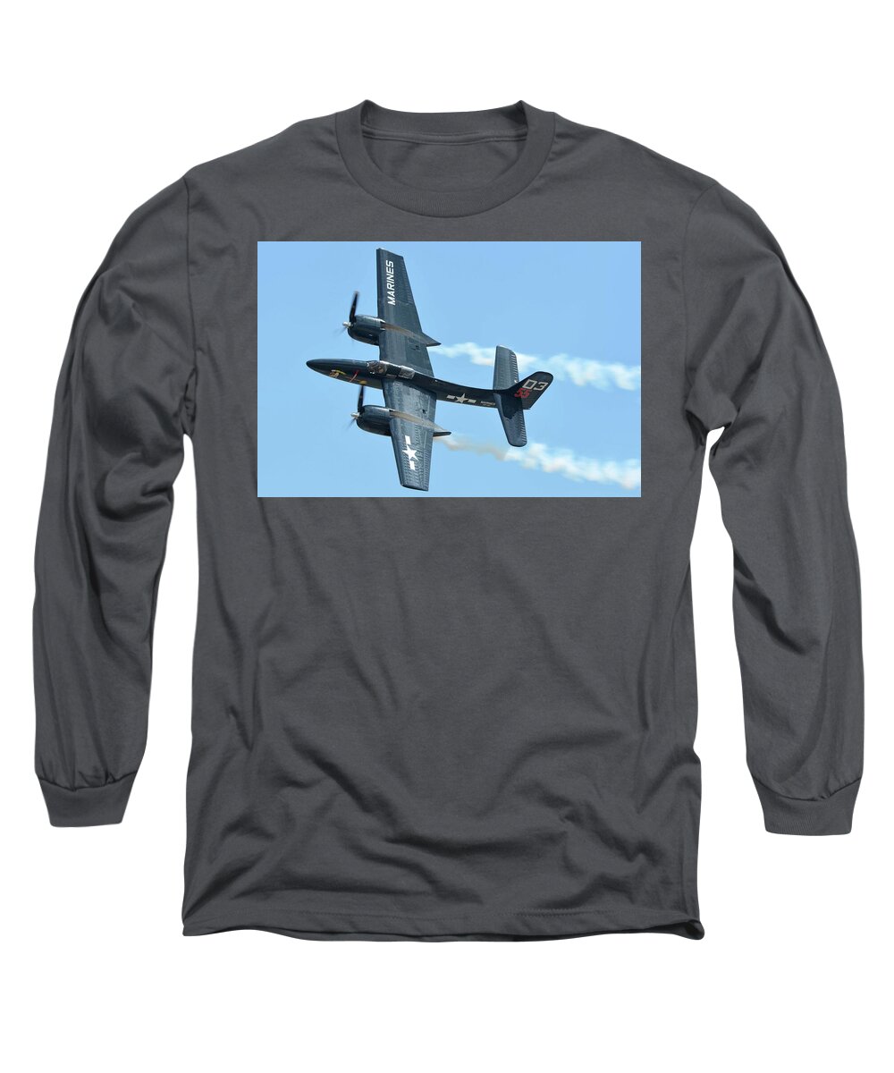 Airplane Long Sleeve T-Shirt featuring the photograph Grumman F7F-3P Tigercat NX700F Here Kitty Kitty Chino California April 30 2016 by Brian Lockett