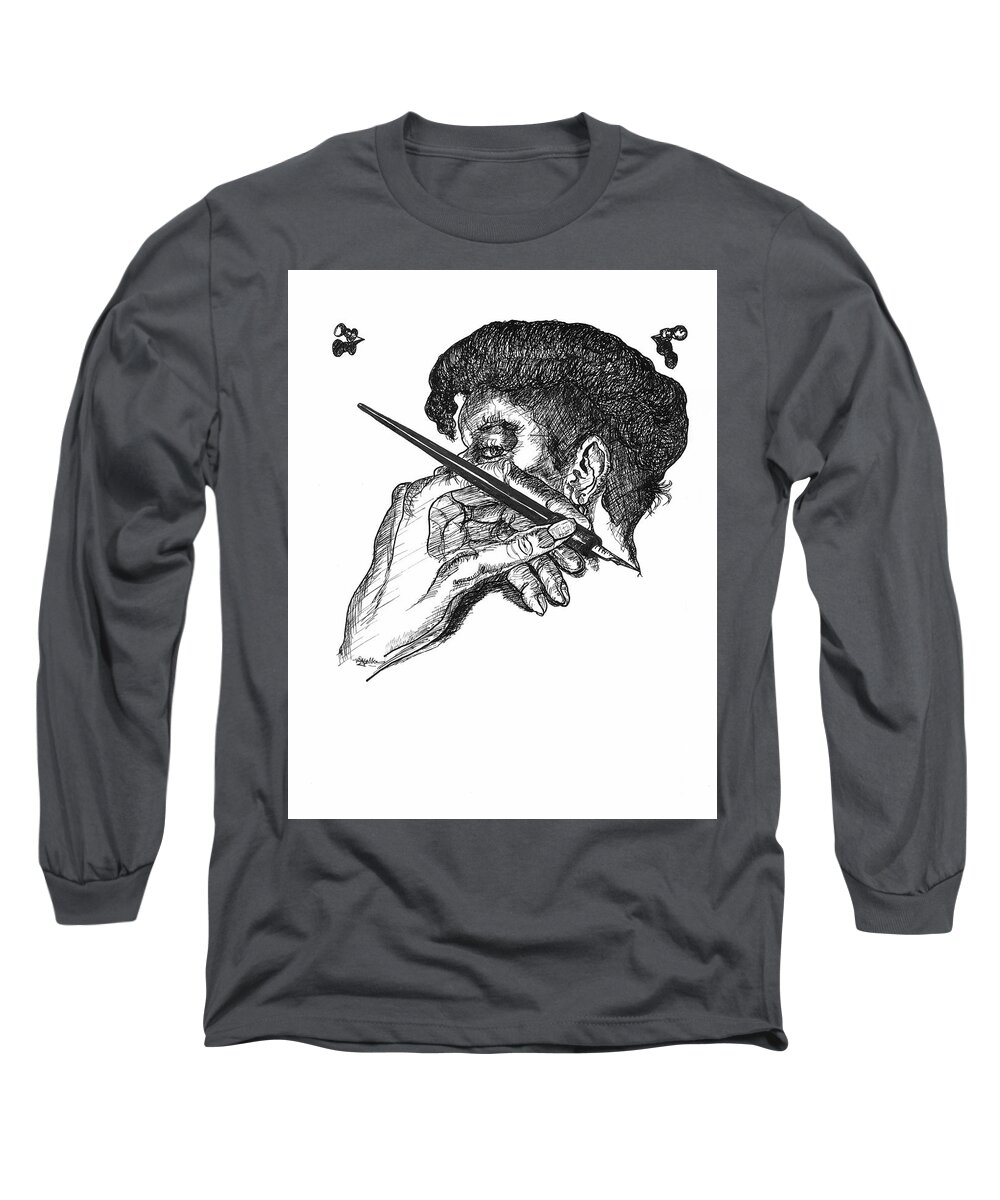 Hand Long Sleeve T-Shirt featuring the drawing Hand And Pen by Michelle Gilmore
