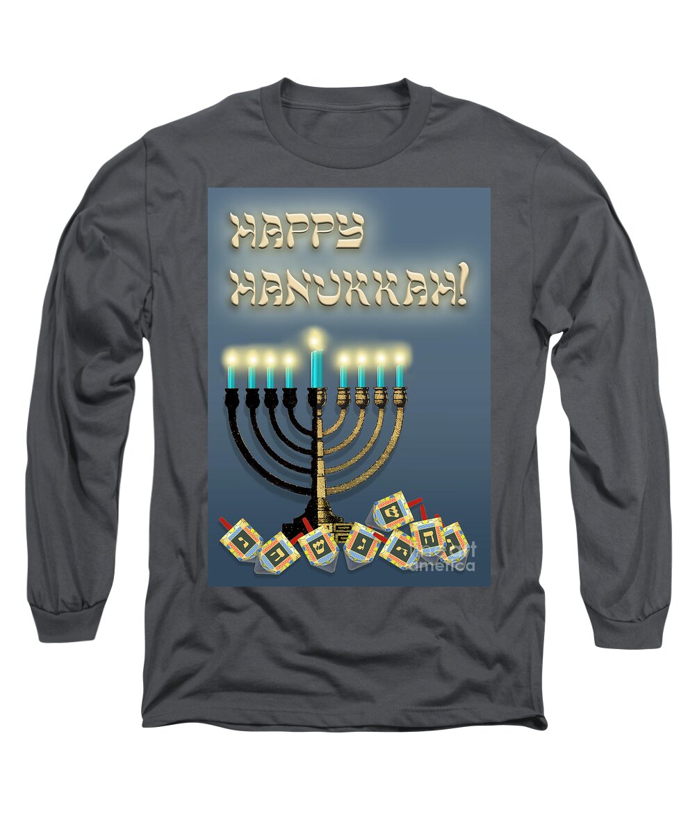 Hanukkah Long Sleeve T-Shirt featuring the digital art Hanukkah Menorah and Dreidels by Melissa A Benson