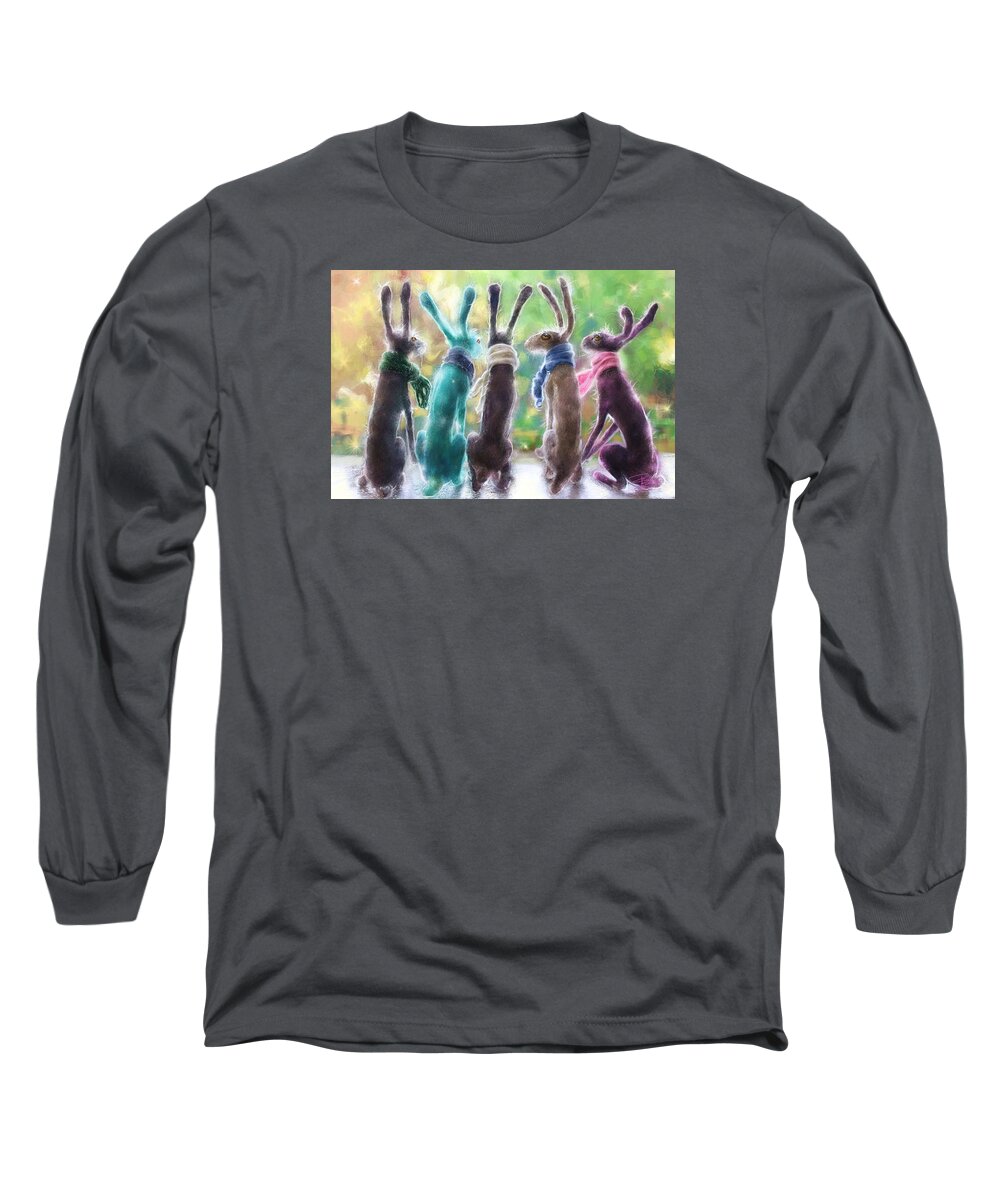 Needlefelted Long Sleeve T-Shirt featuring the digital art Hares with scarves by Debra Baldwin
