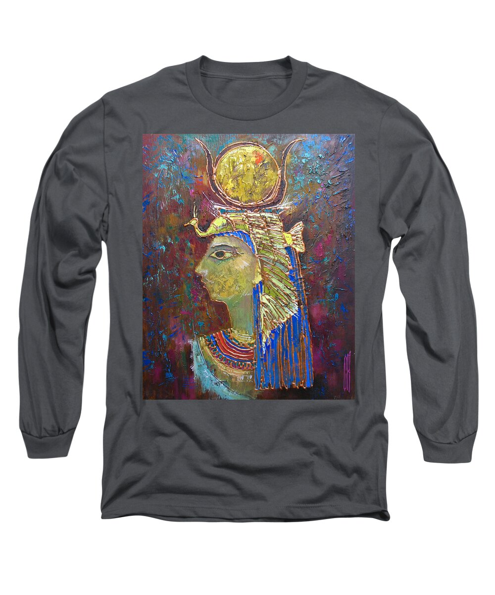 Hathor Long Sleeve T-Shirt featuring the painting Hathor. Goddess of Egypt by Valentina Kondrashova