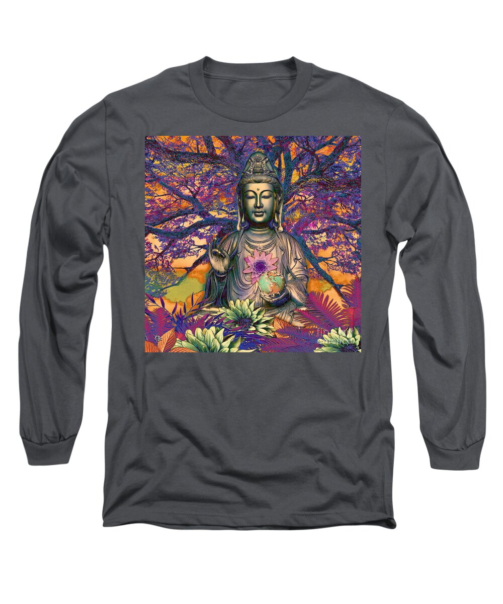 Kwan Yin Long Sleeve T-Shirt featuring the mixed media Healing Nature by Christopher Beikmann