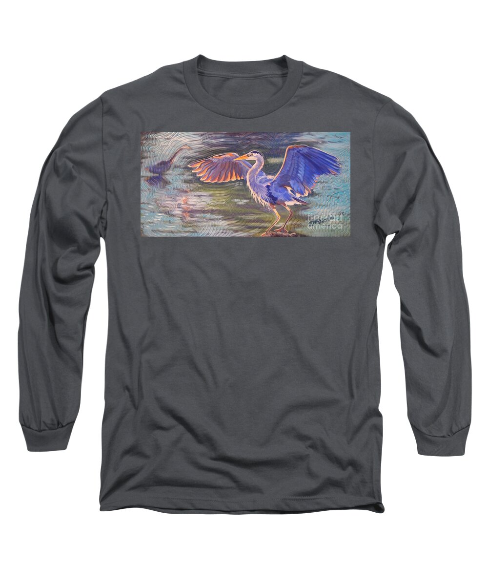 Great Blue Heron Long Sleeve T-Shirt featuring the painting Heron Majesty by Janet McDonald