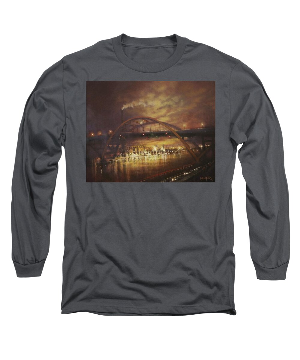 Hoan Bridge Long Sleeve T-Shirt featuring the painting Hoan Bridge by Tom Shropshire