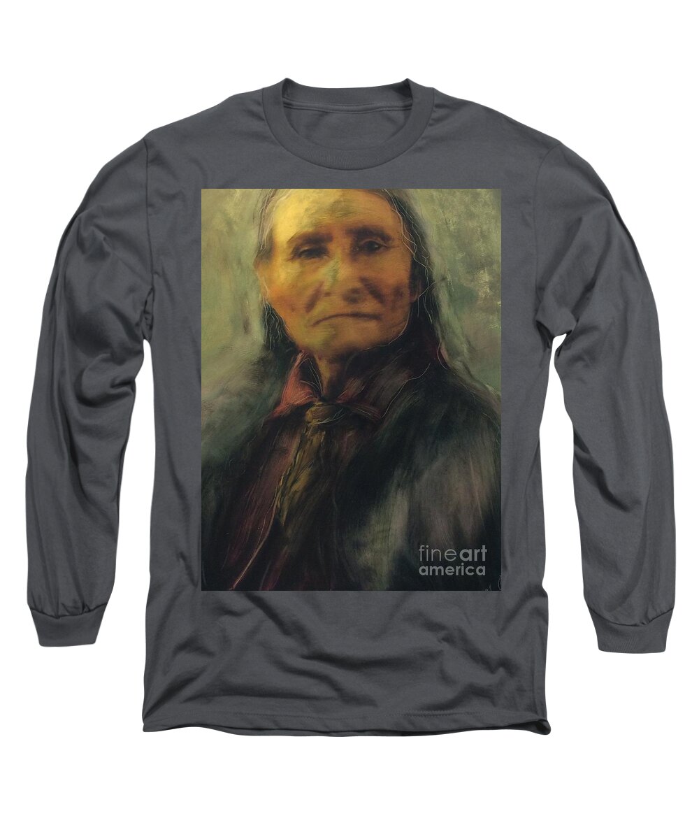Elder Native American Indian First Nations Aboriginal Indigenous Long Sleeve T-Shirt featuring the painting Honoring Geronimo by FeatherStone Studio Julie A Miller
