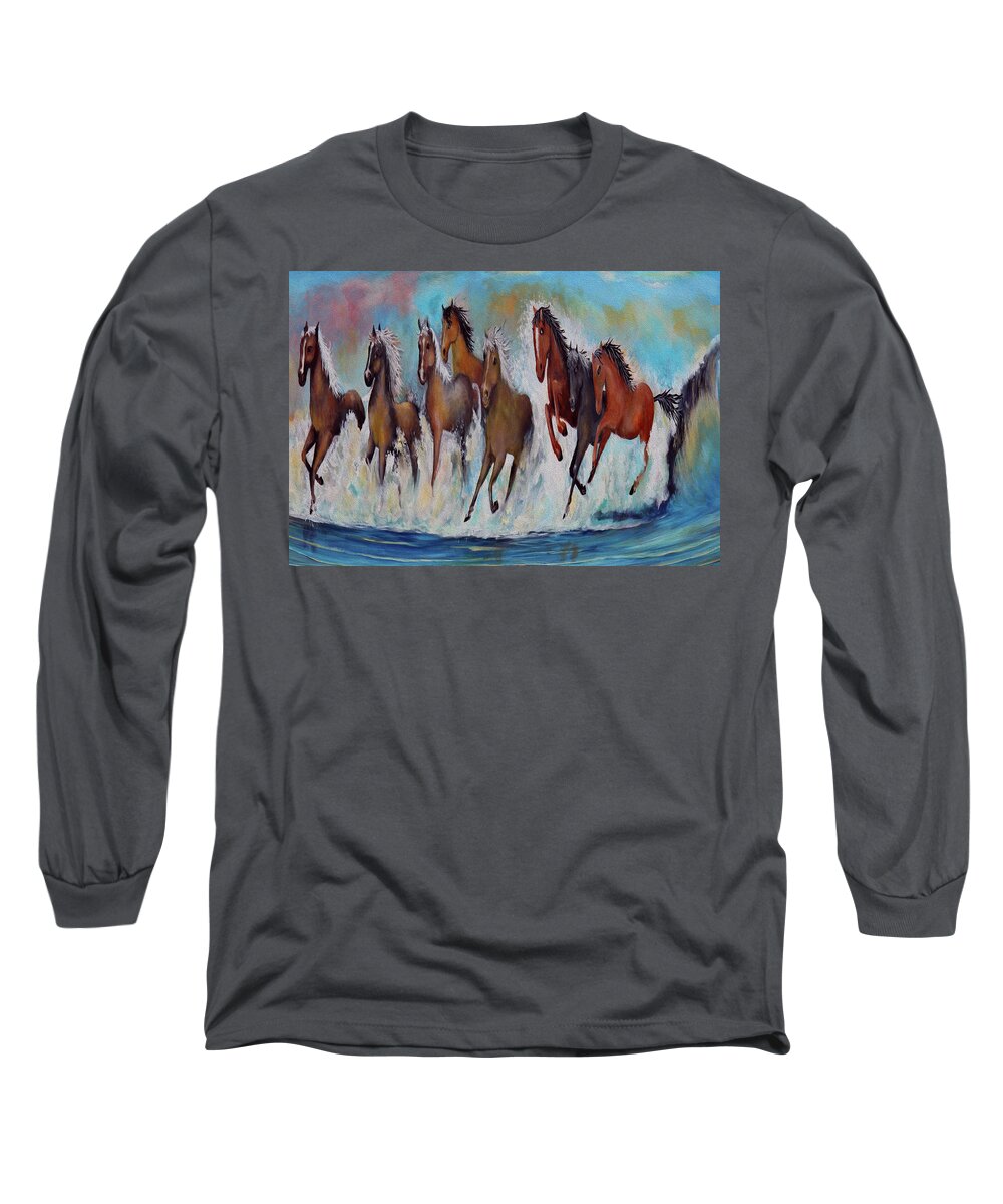  Splashing Surf Long Sleeve T-Shirt featuring the painting Horses Of Success by Virginia Bond