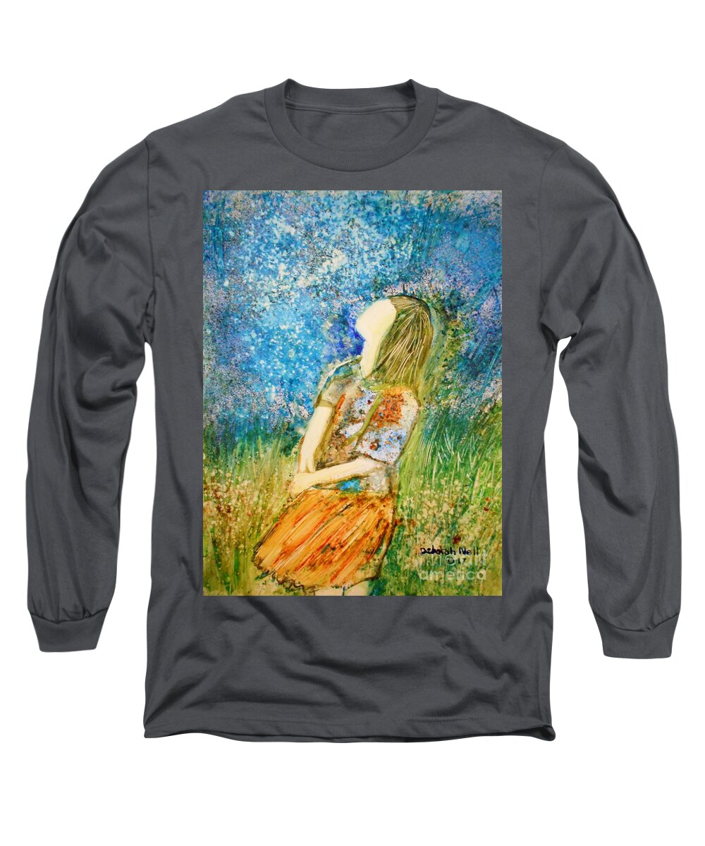 Girl In Meadow Long Sleeve T-Shirt featuring the painting How Great Thou Art by Deborah Nell