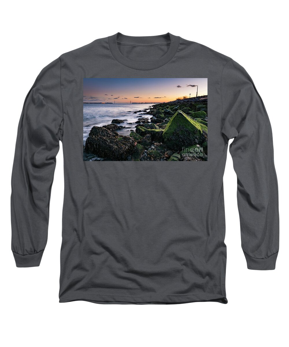 Sunset Long Sleeve T-Shirt featuring the photograph Hudson River and Verrazano-Narrows Bridge by Zawhaus Photography