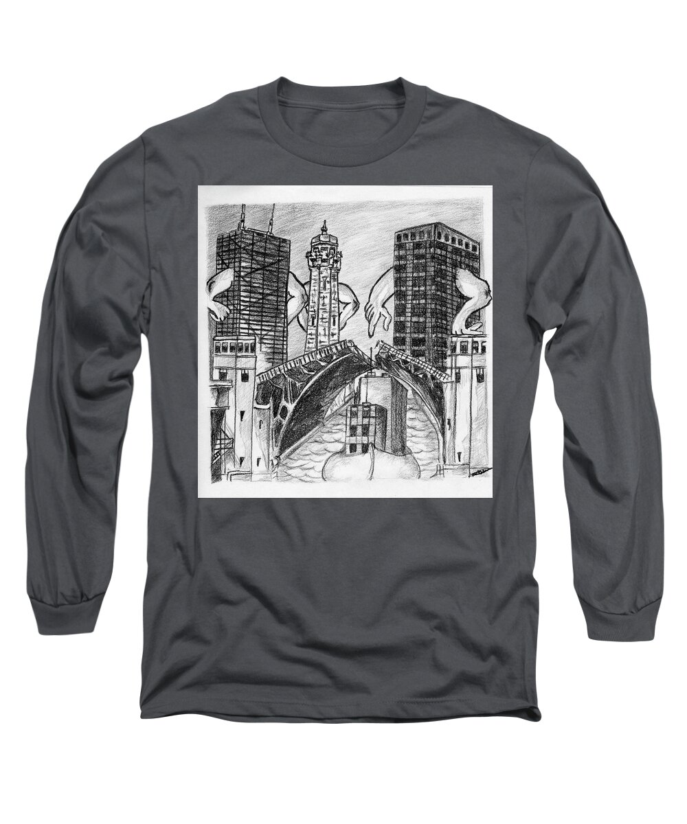 Humor Long Sleeve T-Shirt featuring the drawing Humor Chicago Landmarks by Michelle Gilmore