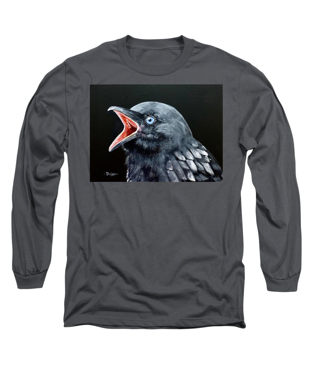 Raven Long Sleeve T-Shirt featuring the painting Hungry Baby Raven by Pat Dolan