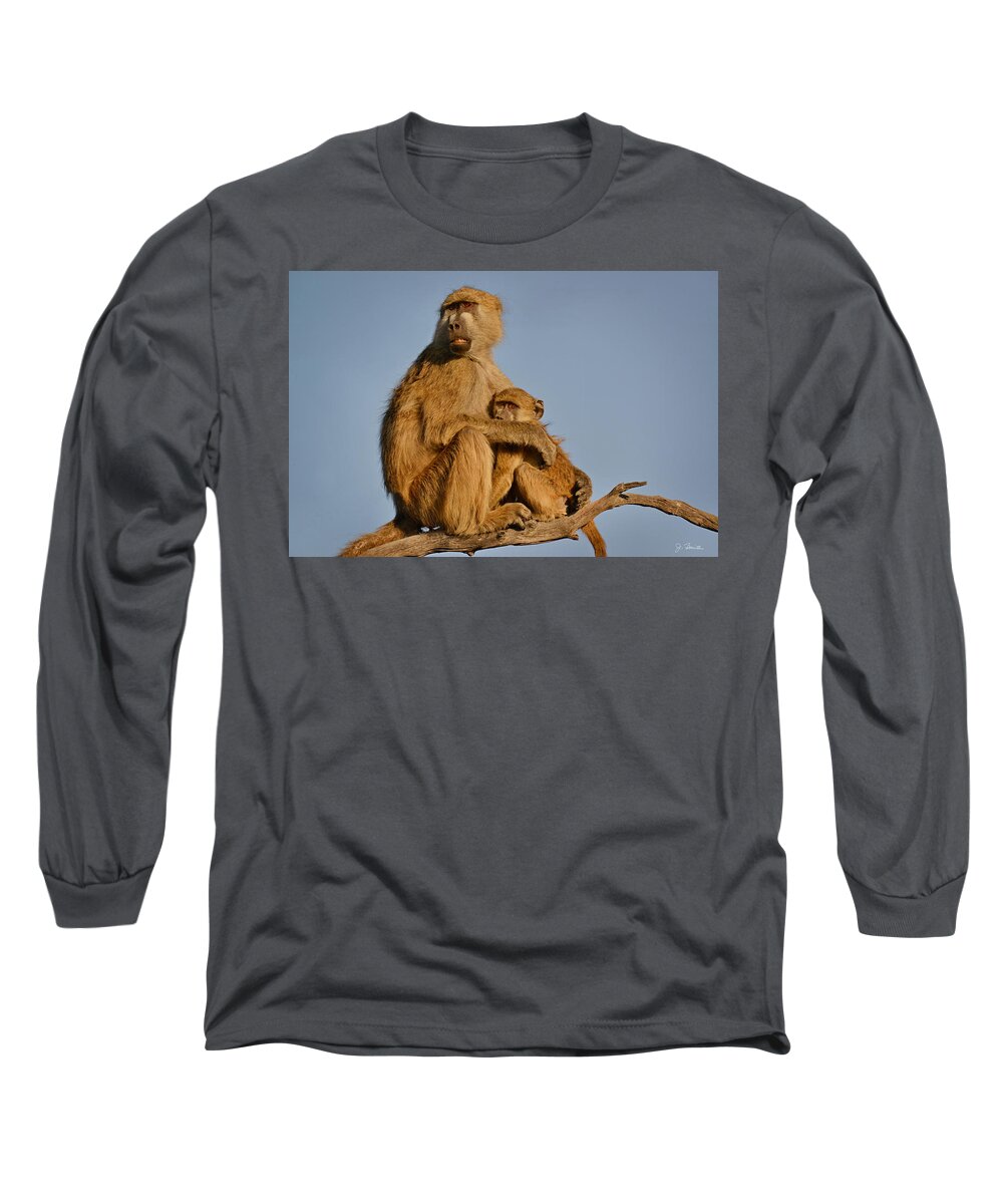 Baboons Long Sleeve T-Shirt featuring the photograph I Am So Scared Mama by Joe Bonita