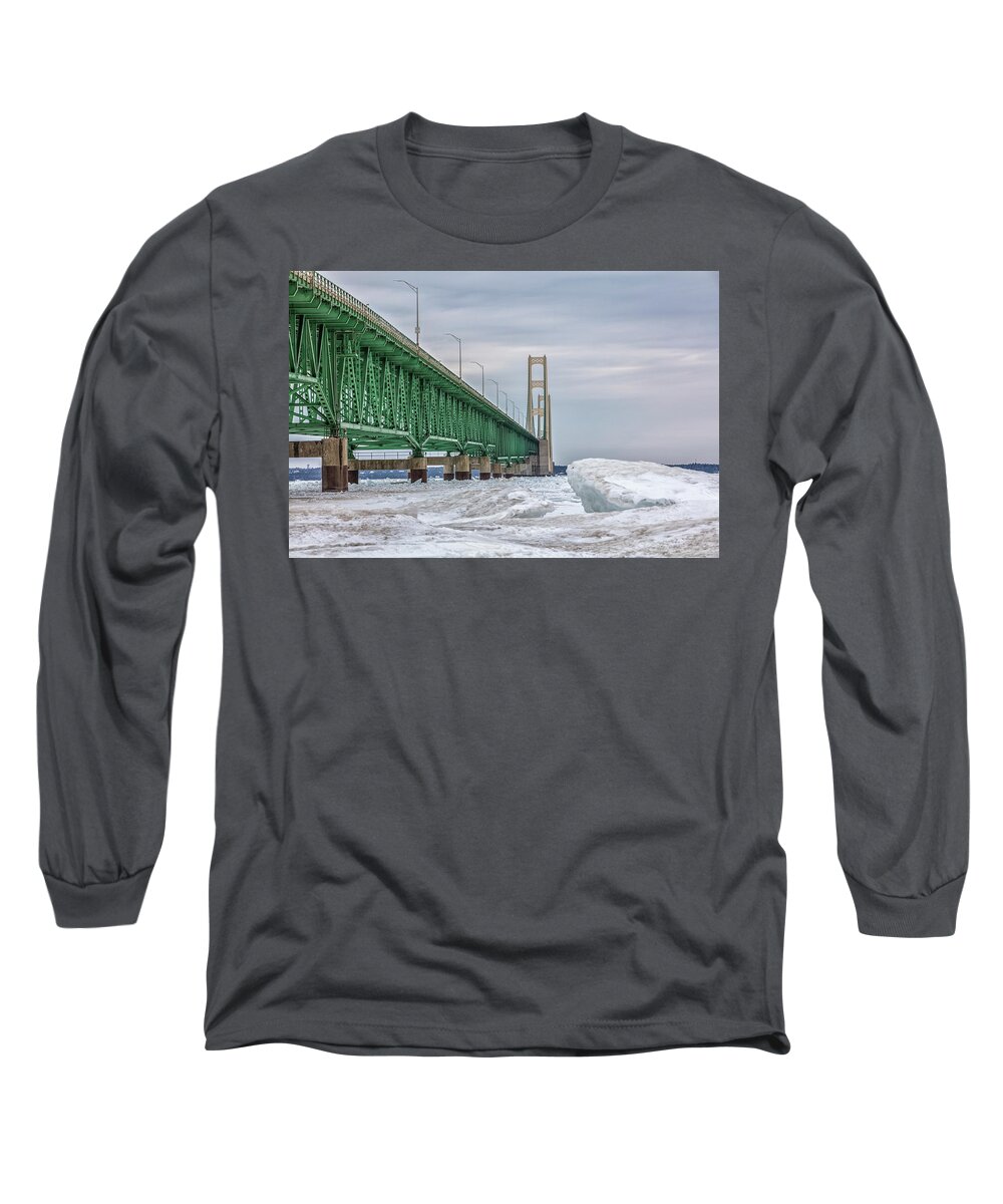 John Mcgraw Long Sleeve T-Shirt featuring the photograph Ice and Mackinac Bridge by John McGraw