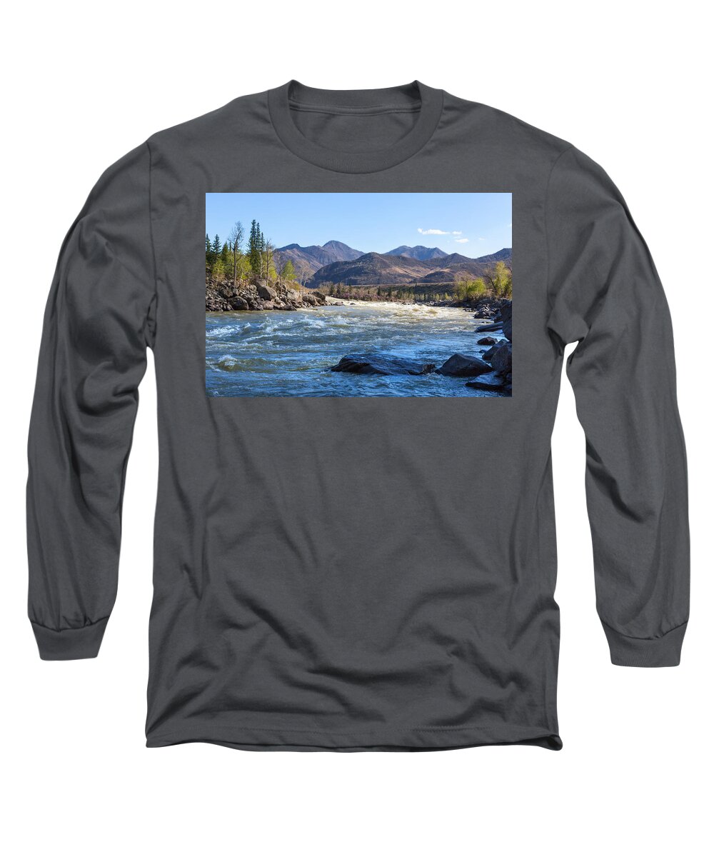 Russian Artists New Wave Long Sleeve T-Shirt featuring the photograph Ilgumensky Rapids of River Katun. Altay Mountains by Victor Kovchin