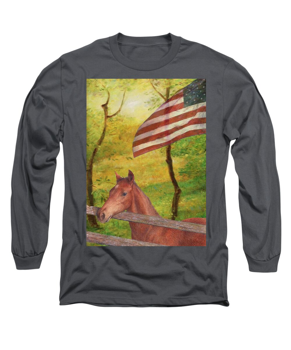 Illustrated Horse Long Sleeve T-Shirt featuring the painting Illustrated Horse in golden meadow by Judith Cheng