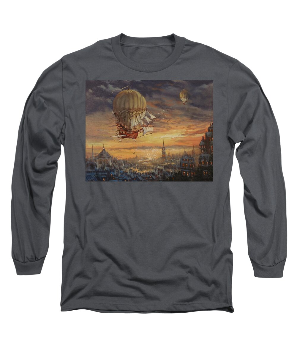 Airship Long Sleeve T-Shirt featuring the painting In Her Majesty's Service Steampunk Series by Tom Shropshire