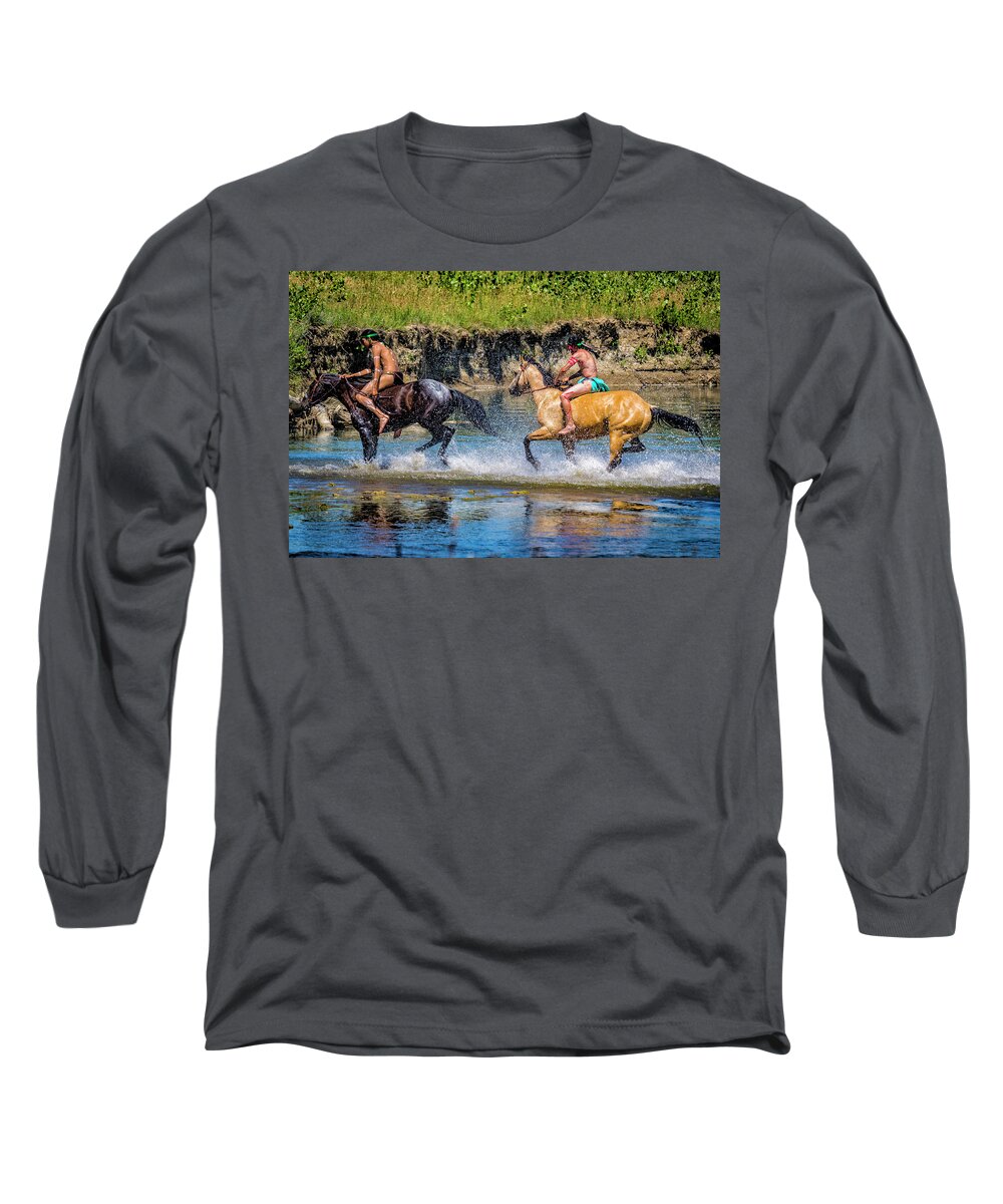 Little Bighorn Re-enactment Long Sleeve T-Shirt featuring the photograph Indian Warriors Crossing Little Bighorn River by Donald Pash