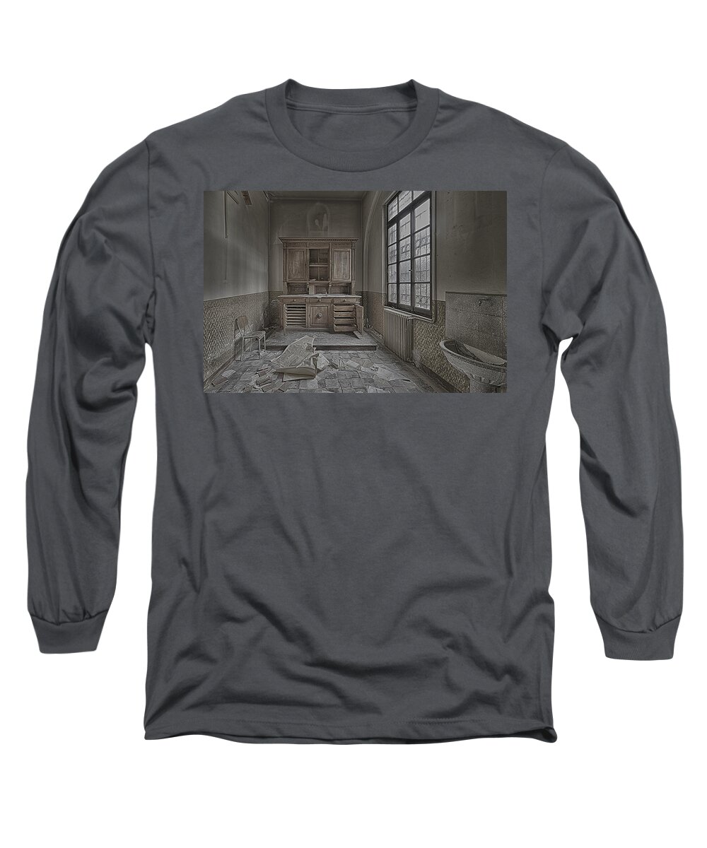 Seminario Abbandonato Long Sleeve T-Shirt featuring the photograph INTERIOR FURNITURE ATMOSPHERE of Abandoned Places dig photo by Enrico Pelos