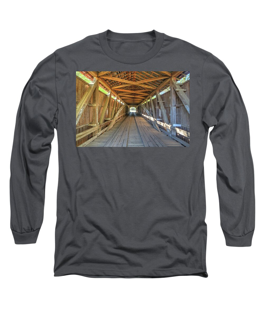Covered Bridge Long Sleeve T-Shirt featuring the photograph Interior view - Conley's Ford Covered Bridgee by Harold Rau