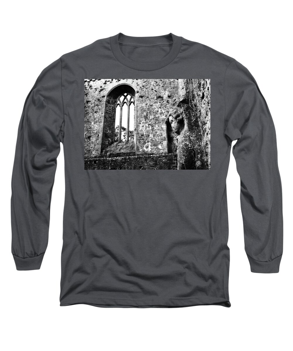 Athassel Long Sleeve T-Shirt featuring the photograph Ireland Athassel Priory Tipperary Medieval Ruins Profile of St Joseph Statue Gothic Window BW by Shawn O'Brien