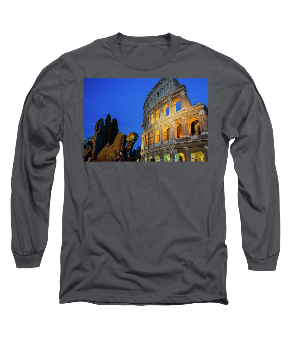 Italy Long Sleeve T-Shirt featuring the photograph Italy Rome Colosseum Night View by Street Fashion News