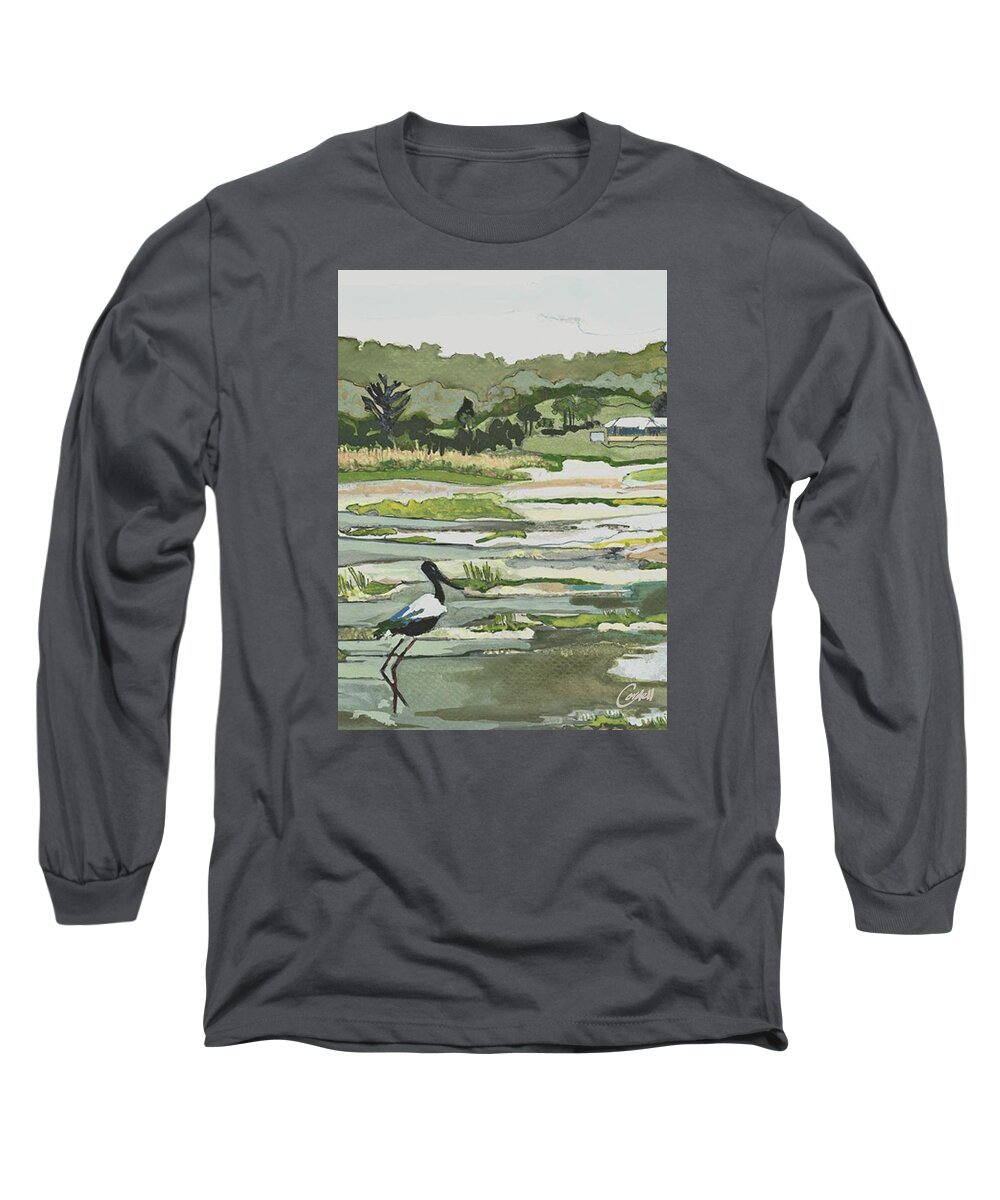 Noosa & Nearby Long Sleeve T-Shirt featuring the painting Jabiru - Noosa Hinterland by Joan Cordell