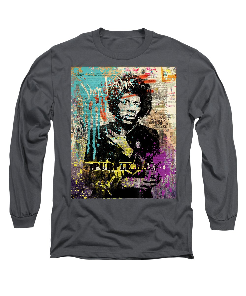 Jimi Long Sleeve T-Shirt featuring the painting JIMI Hendrix #PURPLE HAZE ON DICTIONARY by Art Popop