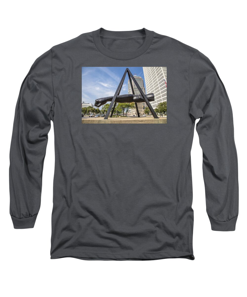  Detroit Long Sleeve T-Shirt featuring the photograph Joe Louis Fist in Detroit in Color by John McGraw