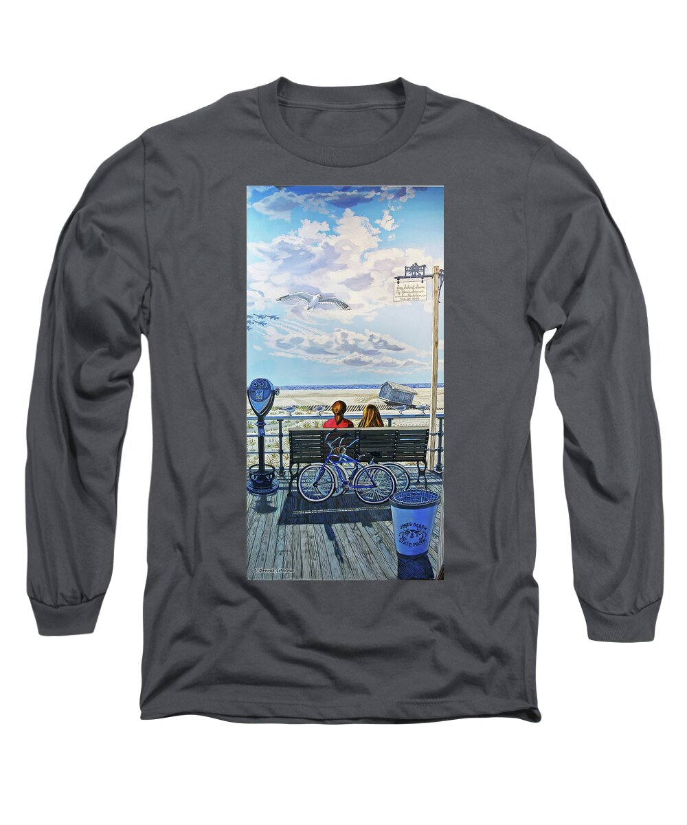 Jones Beach Boardwalk Long Sleeve T-Shirt featuring the painting Jones Beach Boardwalk Towel Version by Bonnie Siracusa