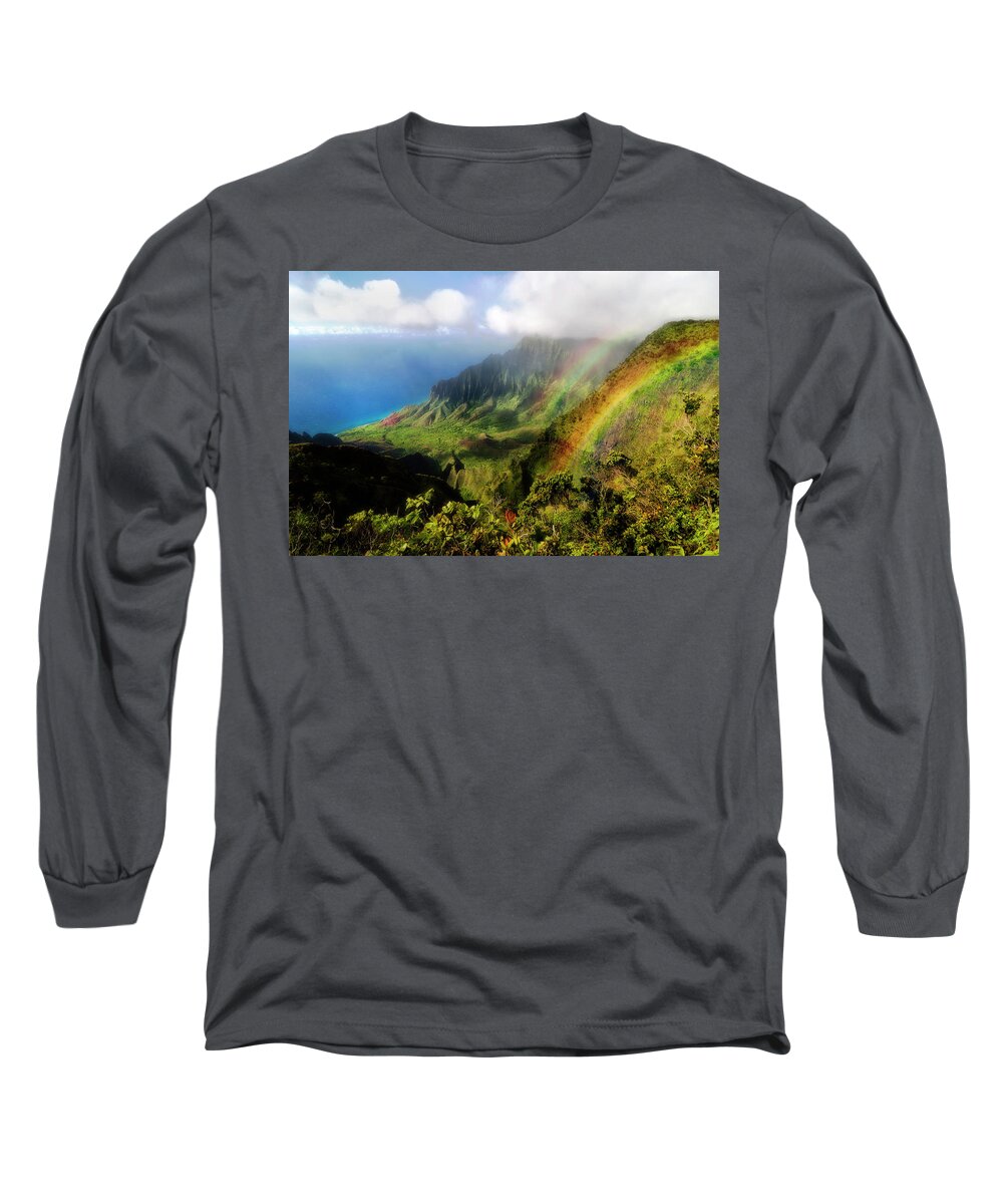 Lifeguard Long Sleeve T-Shirt featuring the photograph Kalalau Valley Double Rainbows Kauai, Hawaii by Lawrence Knutsson