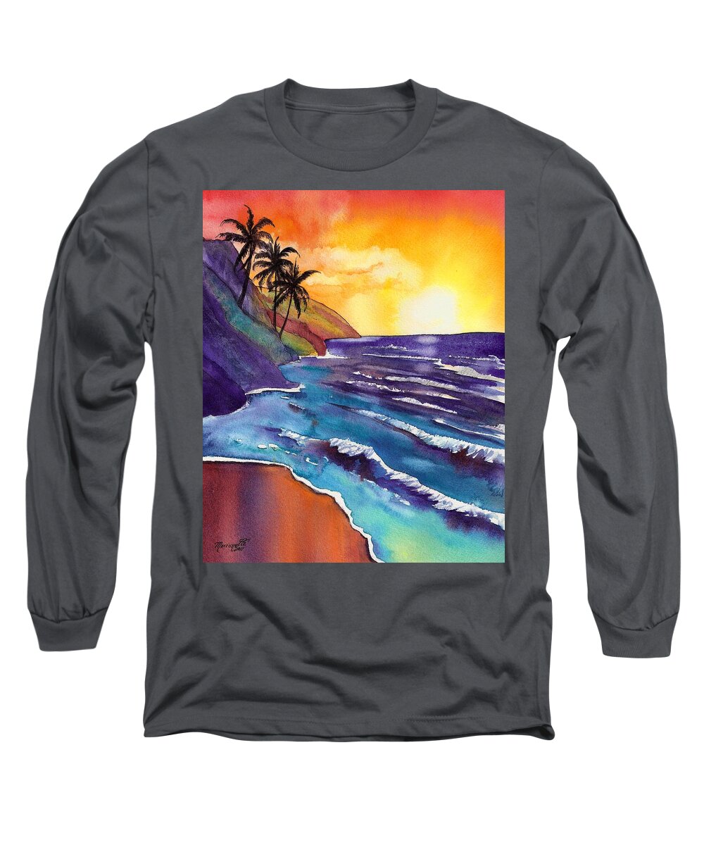Kauai Long Sleeve T-Shirt featuring the painting Kauai Na Pali Sunset by Marionette Taboniar