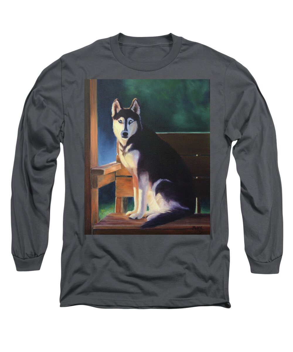 Siberian Husky; Morning Sunlight; Wooden Deck Long Sleeve T-Shirt featuring the painting Kona Marie by Marg Wolf