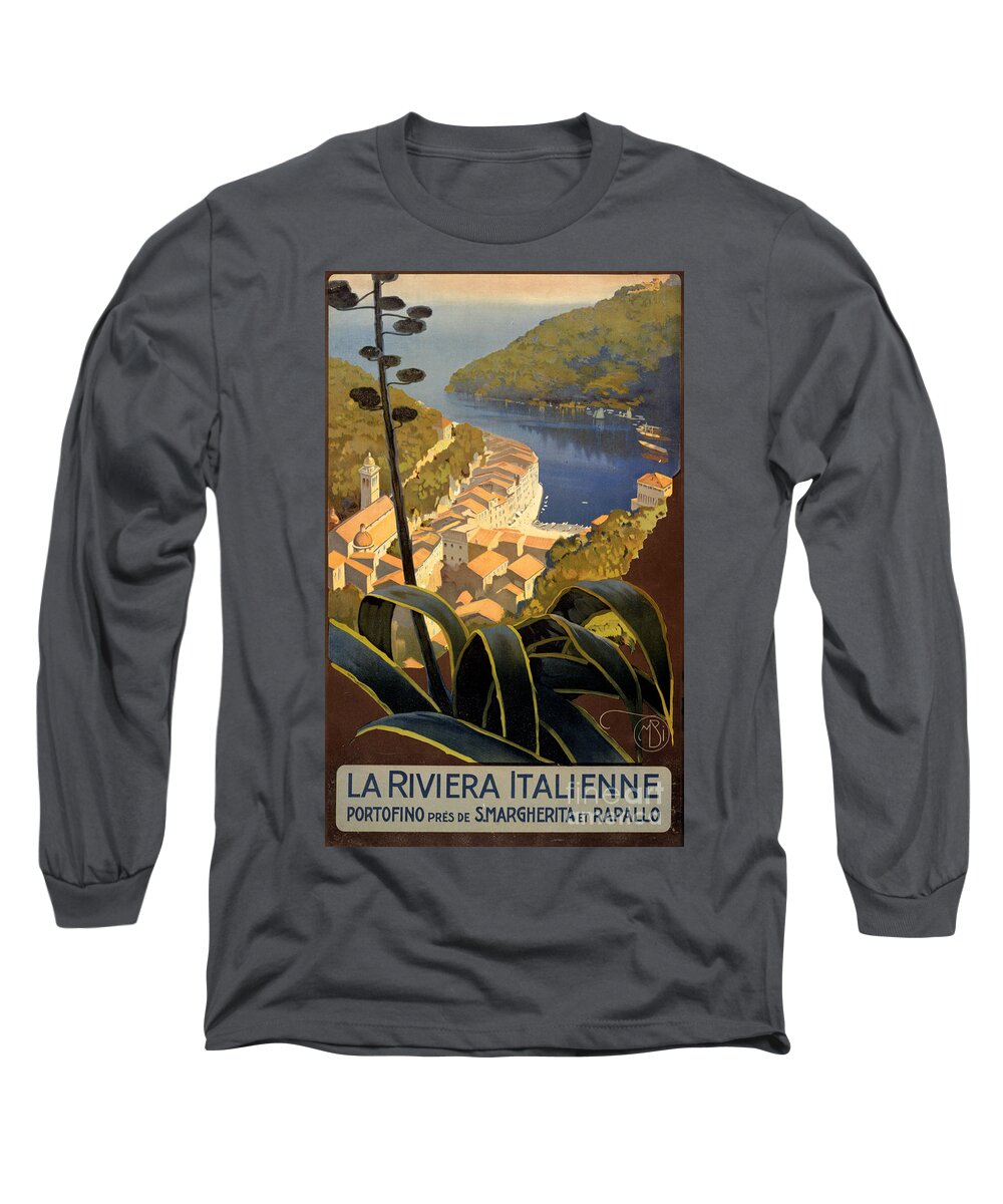 Riviera Long Sleeve T-Shirt featuring the painting La Riviera Italienne Vintage Travel Poster Restored by Vintage Treasure